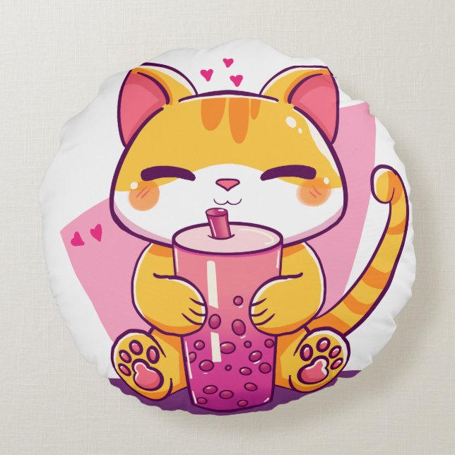 Bubble Tea Kitty Rundes Kissen (Rückseite)