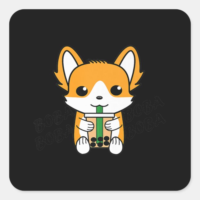 Bubble Tee Boba Corgi Premium Quadratischer Aufkleber (Vorderseite)