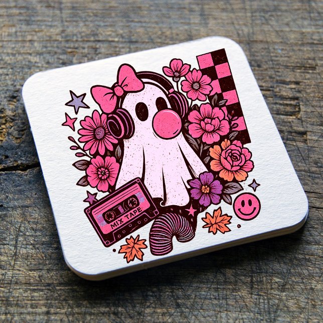 Bubblegum ästhetisches Retro Ghost Girl Halloween Rechteckiger Pappuntersetzer (This ghost girl design mixes 90s aesthetic nostalgia with playful Halloween charm.)