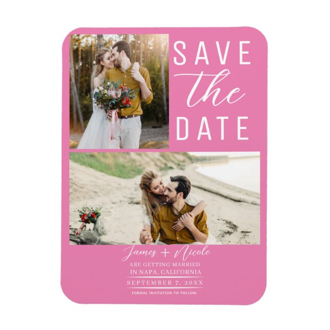 Bubblegum Pink 2 Fotos Save the Date Hochzeit Magnet (Vertikal)