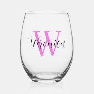 Bubblegum Pink Initial und Black Name elegant Weinglas Ohne Stiel