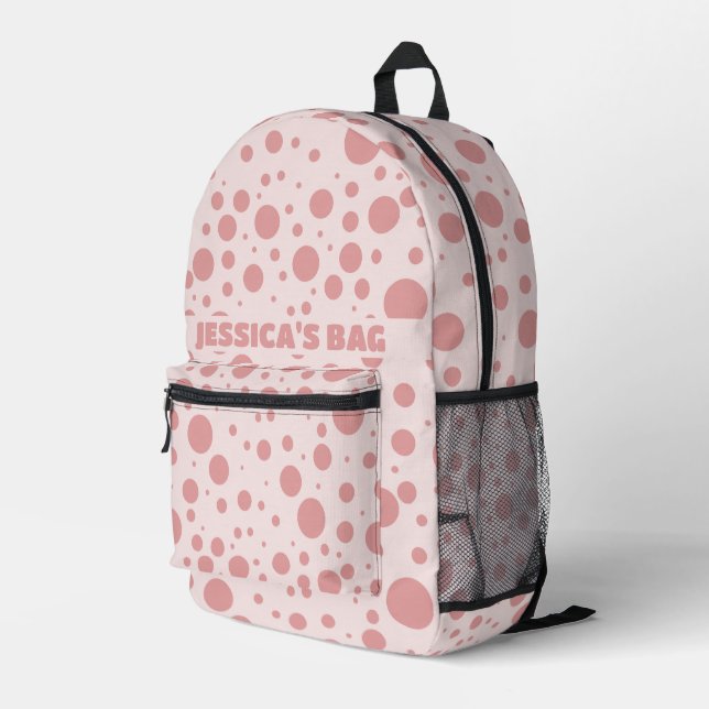 Bubblegum Pink Polka Dot Bedruckter Rucksack (Rückseitige Ecke Rechts)