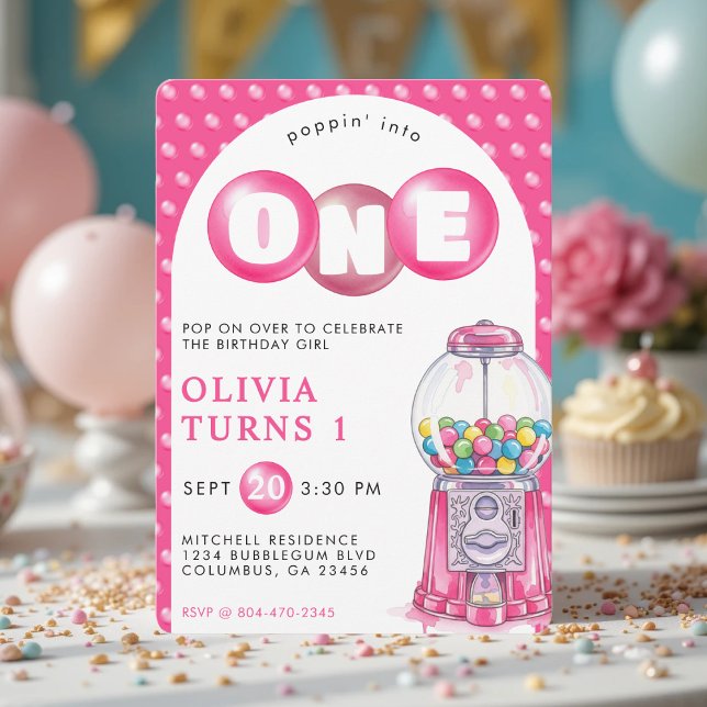 Bubblegum Pink Poppin' Girl 1. Geburtstag Party Einladung (Bubblegum Pink Poppin' Girl 1st Birthday Party Invitation
)