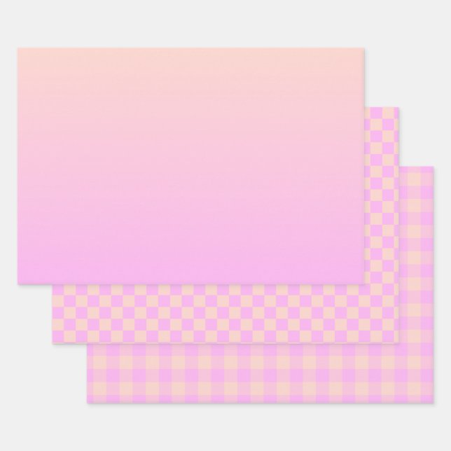 Bubblegum & Soft Peach Ombre Checkered Gingham Geschenkpapier Set (Set)