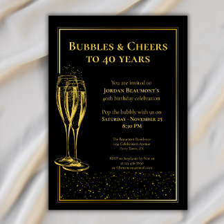 Bubbles and Cheers Black Gold 40. Geburtstagsfeier Einladung