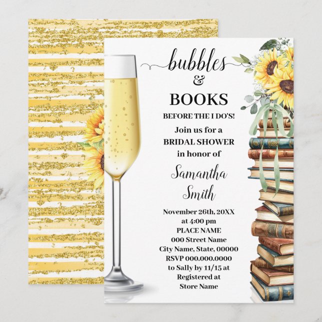 Bubbles & Book Before I do Sunflower Bridal Shower Einladung (Vorne/Hinten)