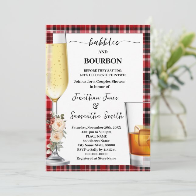 Bubbles & Bourbon Winter Buffalo Karo Duschparty Einladung (Stehend Vorderseite)