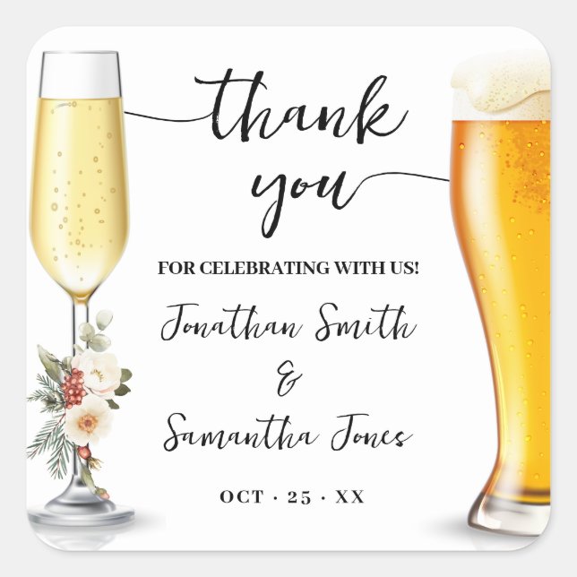 Bubbles & Brews Danke Winterhochzeit Quadratischer Aufkleber (Vorderseite)