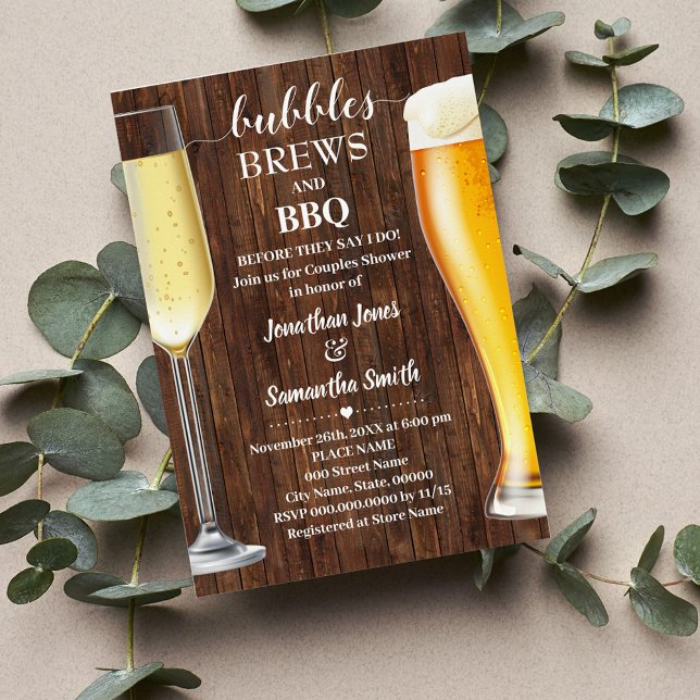 Bubbles Brews & GRILLEN Western Paare Dusche Einla Save The Date (Bubbles Brews and BBQ Couples Shower, Champagne and Beer and BBQ western country wedding)