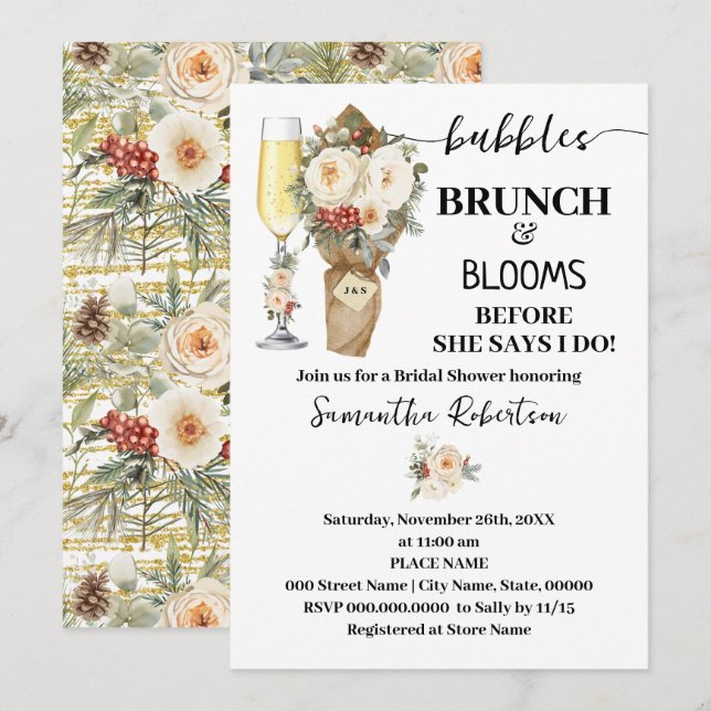 Bubbles Brunch & Bloom Brautparty Winterfloristik Einladung (Vorne/Hinten)