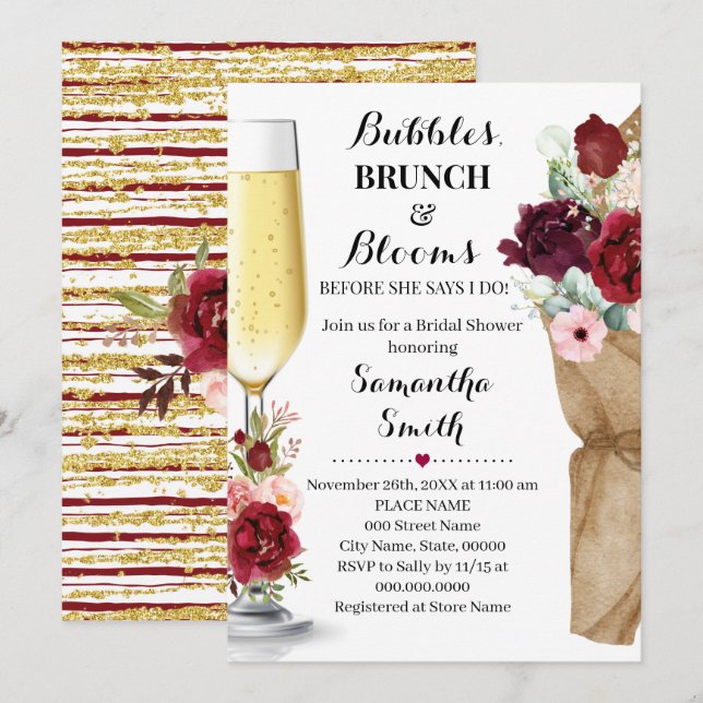 Bubbles Brunch & Blooms Marsala Brautparty Invi Einladung (Vorne/Hinten)