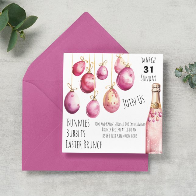 Bubbles, Bunnies und Osterbrunch Einladung (Customizable Easter Brunch invitation with pink and yellow Easter eggs and bubbly. )
