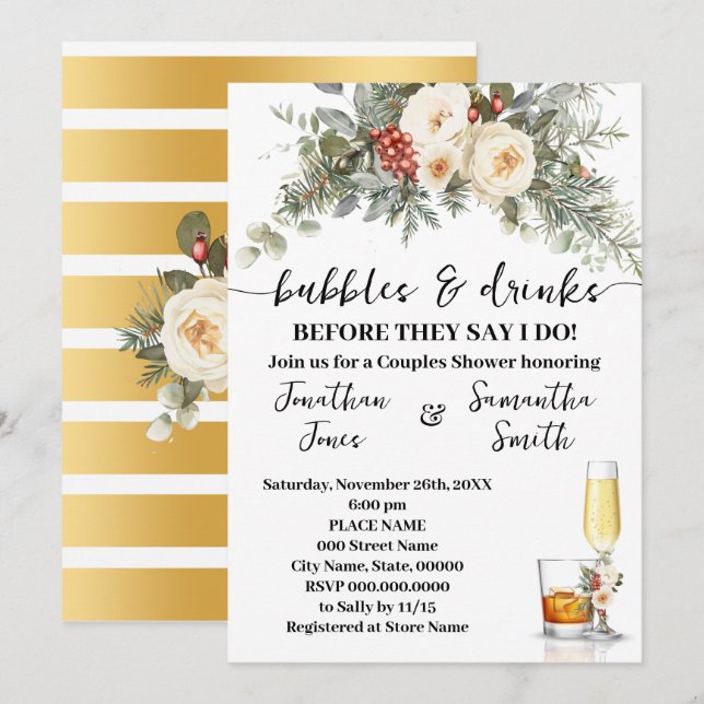 Bubbles & Drinks Brautparty Winterflorales Design Einladung (Vorne/Hinten)