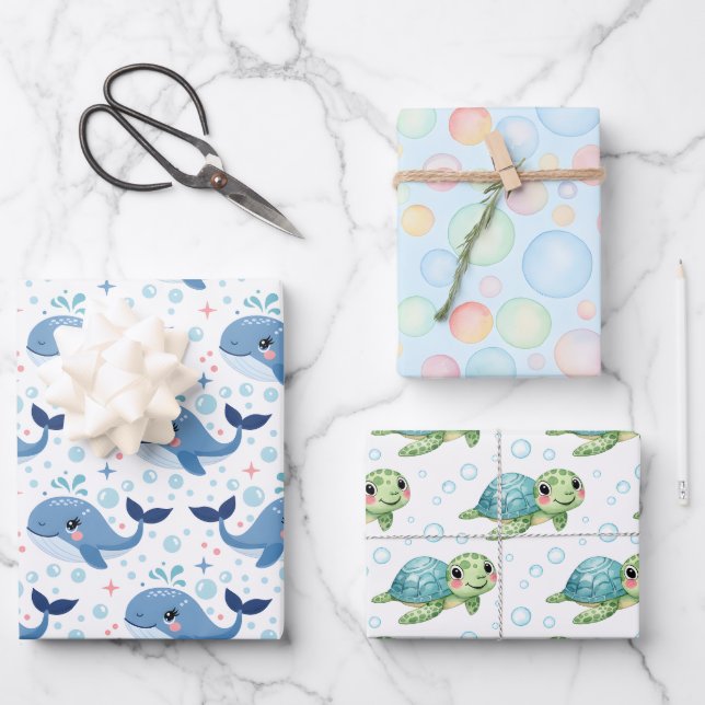 Bubbles & Fins Children's Birthday Geschenkpapier Set (Vorderseite)