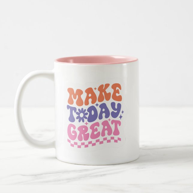 Bubbly 70s Style MAKE TODAY GREAT Cheerful Cute Zweifarbige Tasse (Links)
