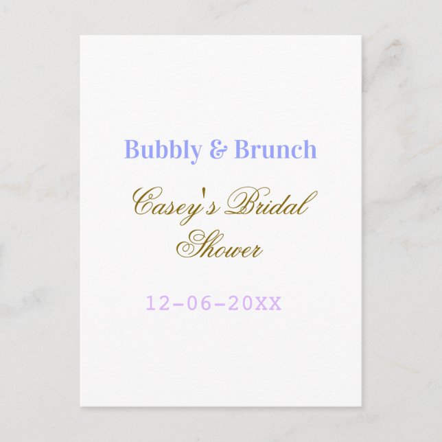 Bubbly and brunch bridal shower name date purple g postkarte (Vorderseite)