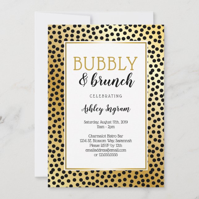 Bubbly and Brunch in Black and Gold Dots Einladung (Vorderseite)