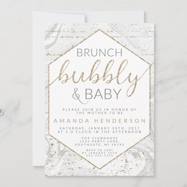 Bubbly & Baby Gray Marble Baby Shower Einladung (Vorderseite)