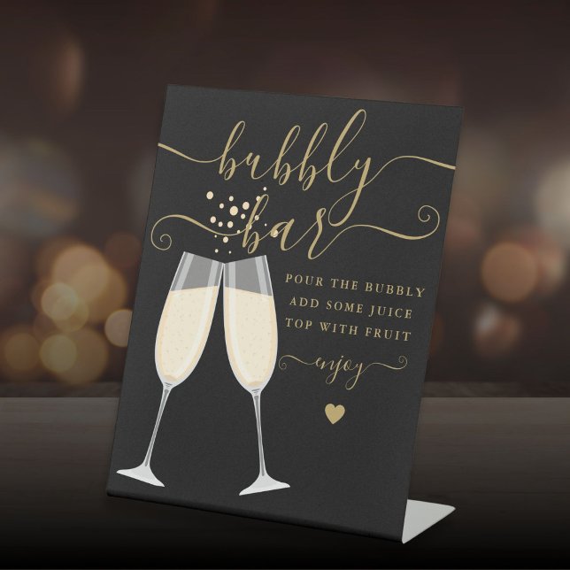 Bubbly Bar Brautparty Hochzeit Schwarz und Gold Sockelschild (Bubbly Bar Bridal Shower Wedding Black And Gold Pedestal Sign)