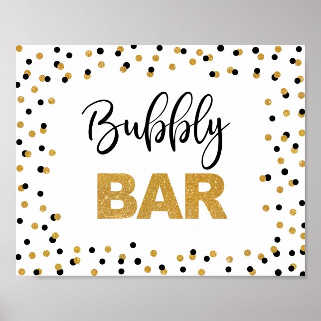 Bubbly Bar Party Sign Black and Gold Glitzer Poster (Vorne)