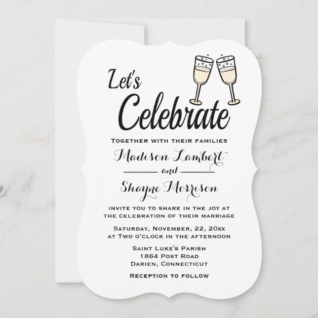 Bubbly Black & White Wedding Champagne Brillen Einladung (Vorderseite)