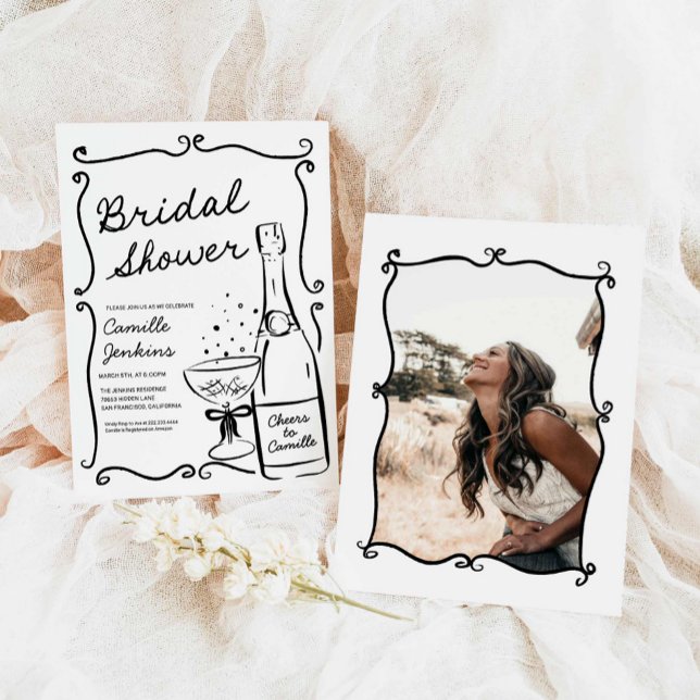 Bubbly Brautparty Handgezogenes Foto Einladung (Hand Drawn Bubbly Bridal Shower Photo Invitation)