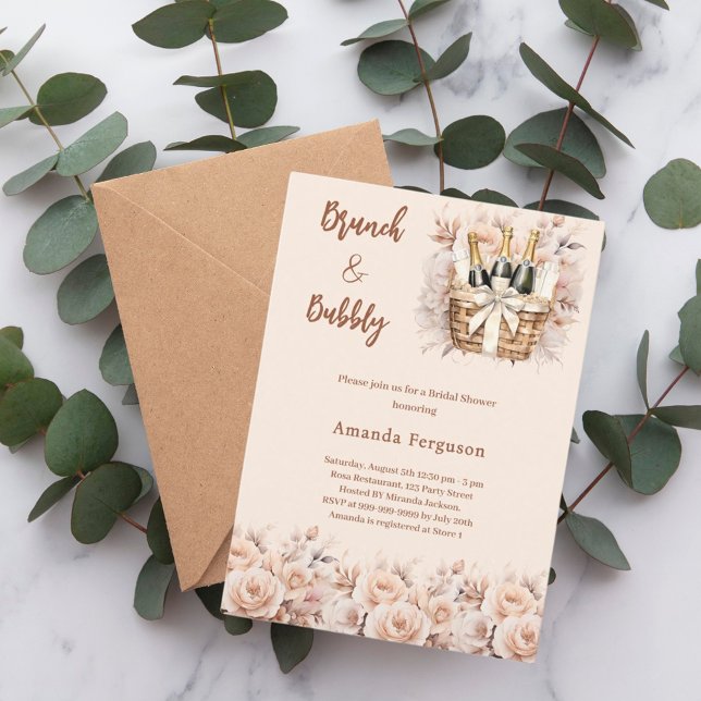 Bubbly brunch Beige Boho florale Brautparty Einladung (Von Creator hochgeladen)