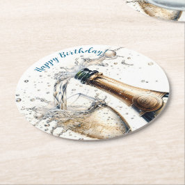 Bubbly champagne Happy Birthday Runder Pappuntersetzer