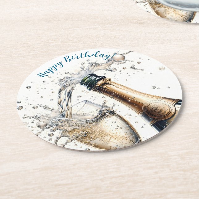 Bubbly champagne Happy Birthday Runder Pappuntersetzer (Angewinkelt)