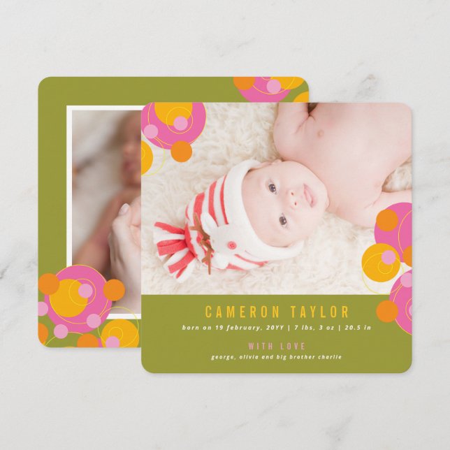 Bubbly Circles Fuchsia Pink Girl Baby Ankündigung (Vorne/Hinten)