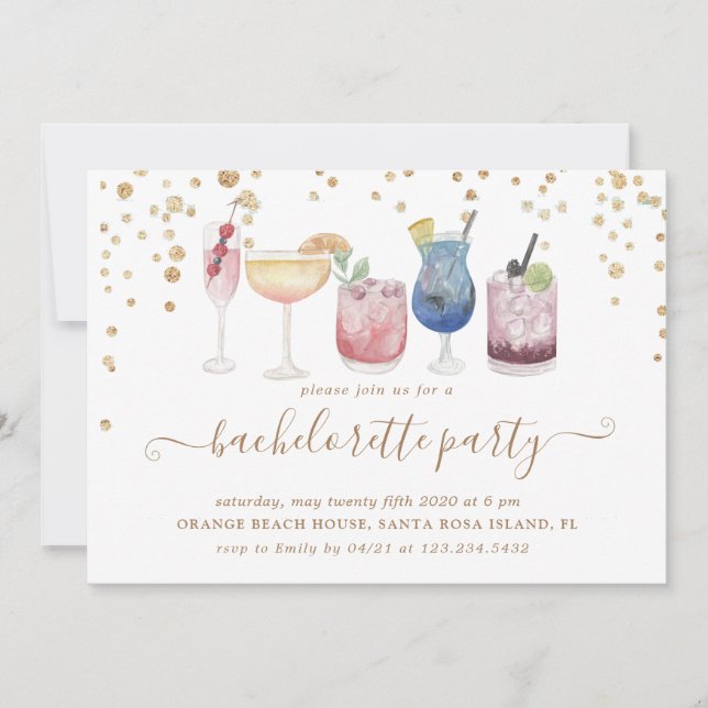 Bubbly Cocktails Gold Glitzer Junggeselinnen-Absch Einladung (Vorderseite)