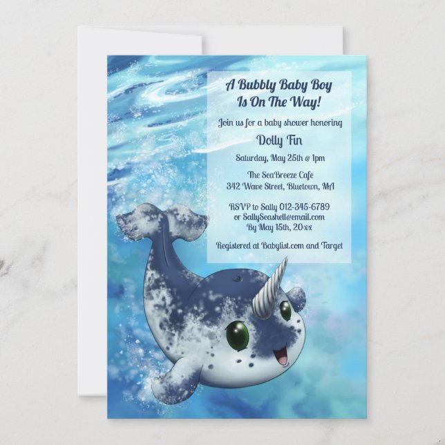 Bubbly Narwhal Baby Shower Einladung (Vorderseite)