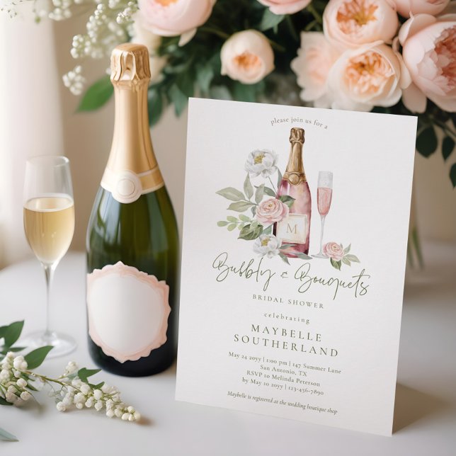 Bubbly Prosecco Watercolor Bouquet Brautparty Einladung (Watercolor Pink Peony Floral Blossom Bridal Shower Invitation)