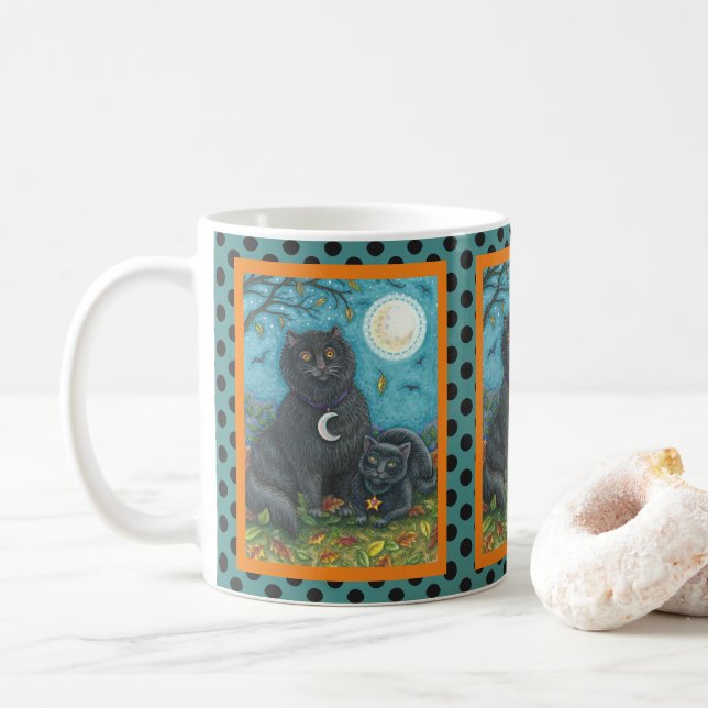 BUBO- UND PYEWACKET-SCHWARZE KATZE-HALLOWEEN TASSE (Mit Donut)