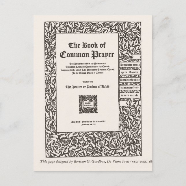 Buch des gemeinsamen Gebet, New York 1800 Postkarte (Vorderseite)