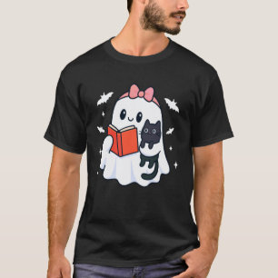 Buch Katze Geist Lustig Fledermaus Lesen Niedlich T-Shirt