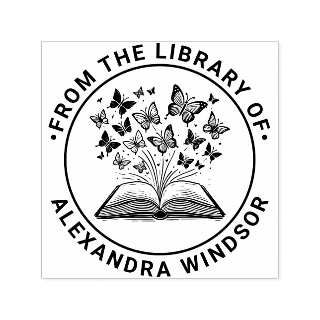 Buch mit Schmetterlingen #2 Bibliotheksname Permastempel (Design)