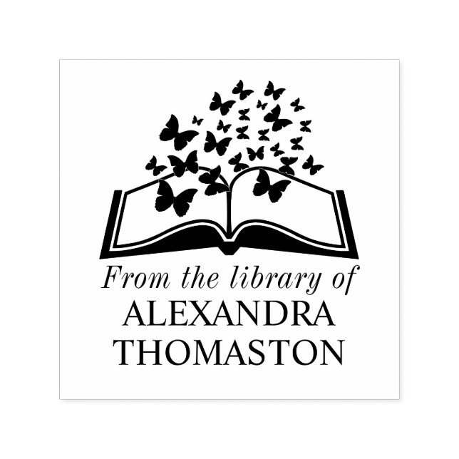 Buch mit Schmetterlingen "Aus der Bibliothek" Name Permastempel (Design)