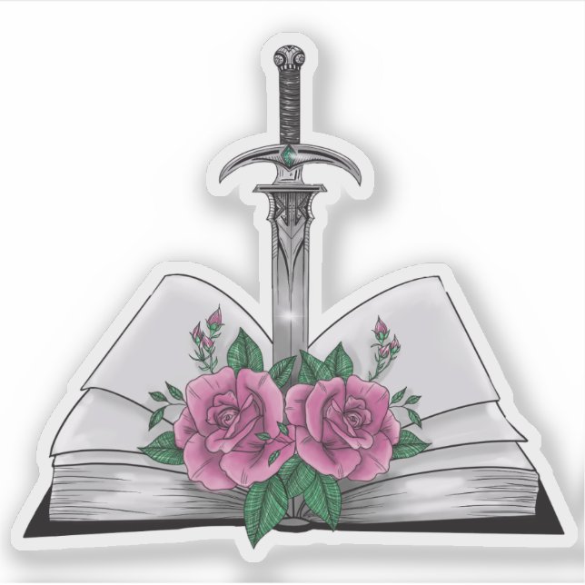Buch mit Schwert und Rosen Aufkleber (Vorderseite)