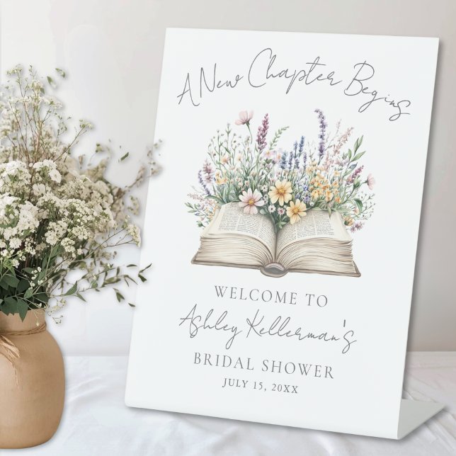 Buch neues Kapitel Wildblumen-Junggesellinnenabsch Sockelschild (Book New Chapter Wildflower Bridal Shower Sign )