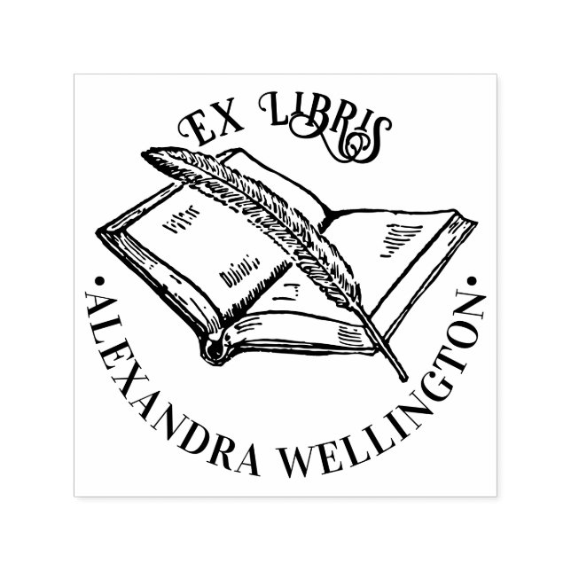 Buch & Quill Ex Libris Library Name Round Permastempel (Design)