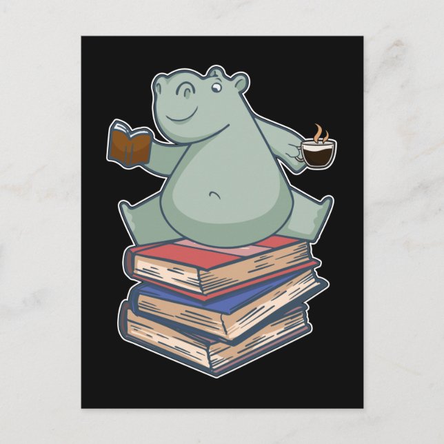 Buch Tee Kaffee Kawaii Bookworm Hippo Postkarte (Vorderseite)