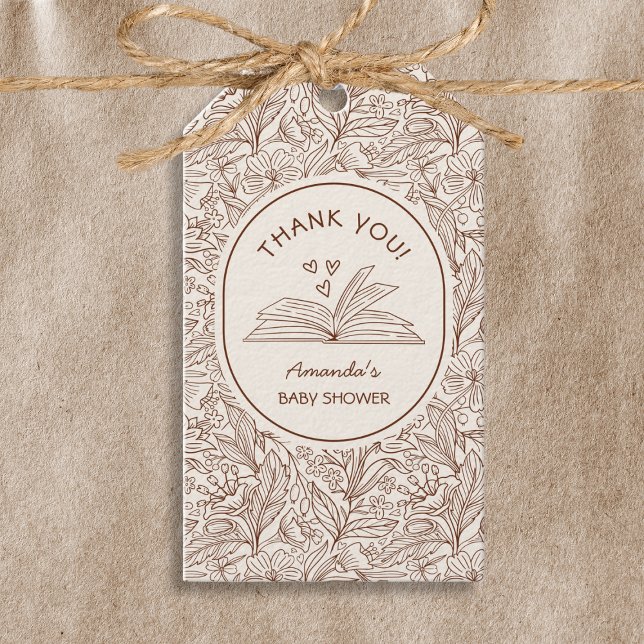 Buch Thema Braunes Blumenmuster Literarische Babyp Geschenkanhänger (Book Theme Brown Floral Literary Baby Shower Gift Tags)