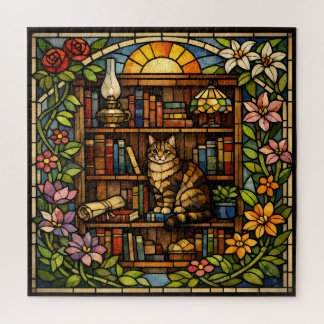 Buch- und Katzenliebhaber Faux-Buntglas Puzzle