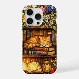 Buch- und Schlafkatzenliebhaber Faux-Buntglas iPhone 15 Pro Hülle