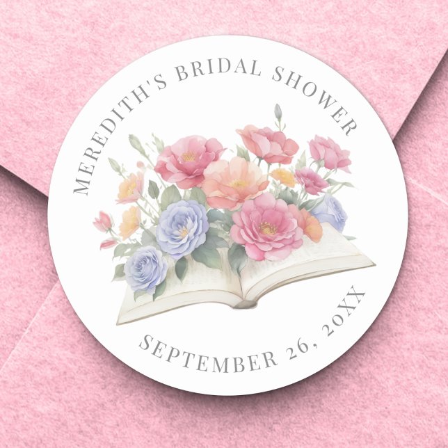 Buch Wasserfarbe-Floral-Bridal-Shower Runder Aufkleber (Book Watercolor Floral Bridal Shower Classic Round Sticker )