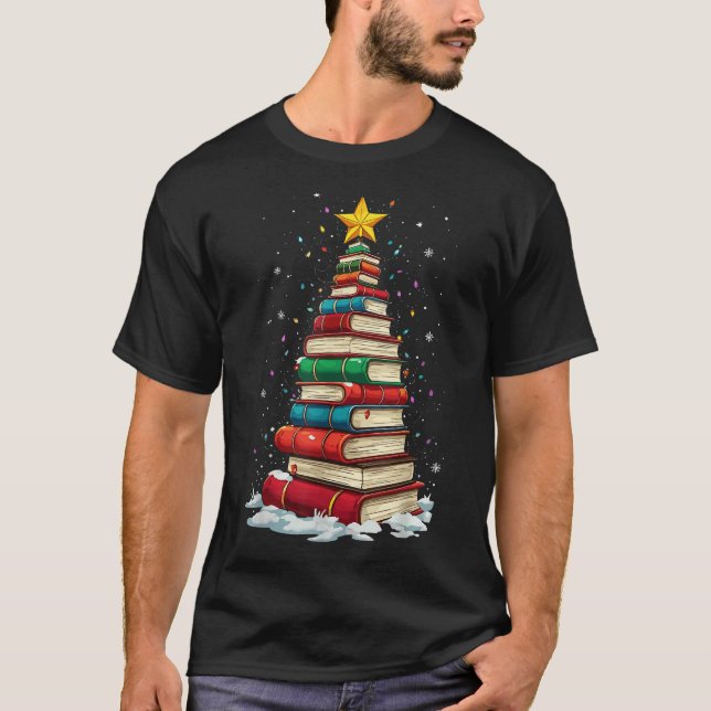Buch Weihnachtsbaum Buch Lover Lehrer Bibliothekar T-Shirt (Vorderseite)
