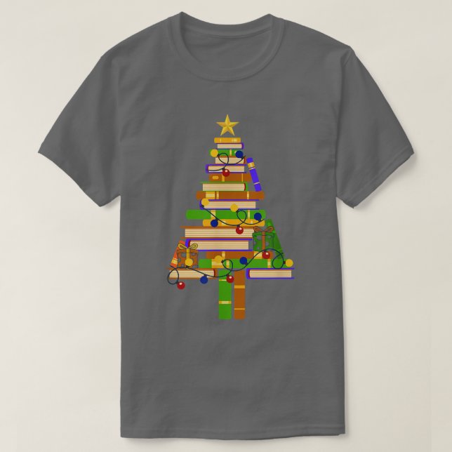 Buch Xmas Tree Light Reading Books Librarian Famil T-Shirt (Design vorne)