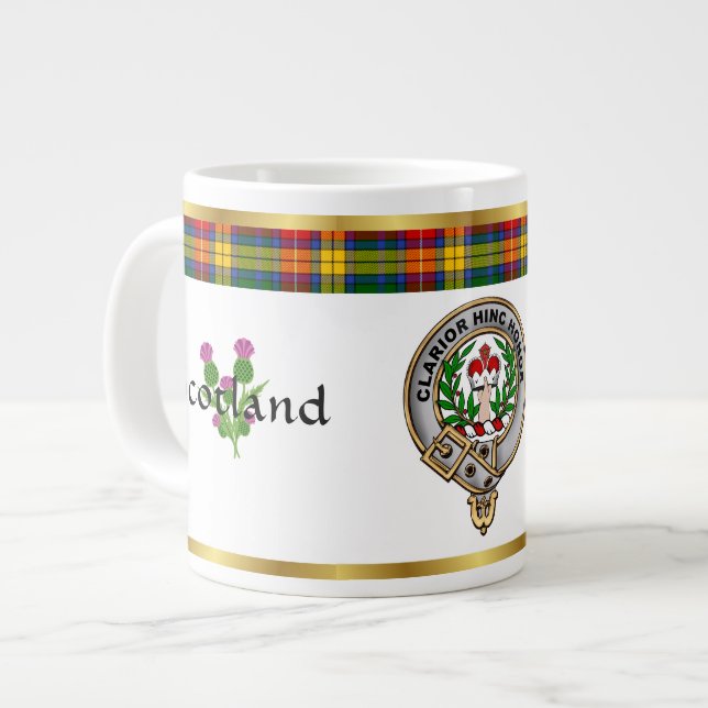 Buchanan Clan Abzeichen Tartan & Motto Jumbo-Tasse (Vorderseite Links)