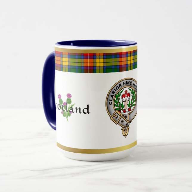 Buchanan Clan Abzeichen Tartan & Motto Tasse (Vorderseite Links)